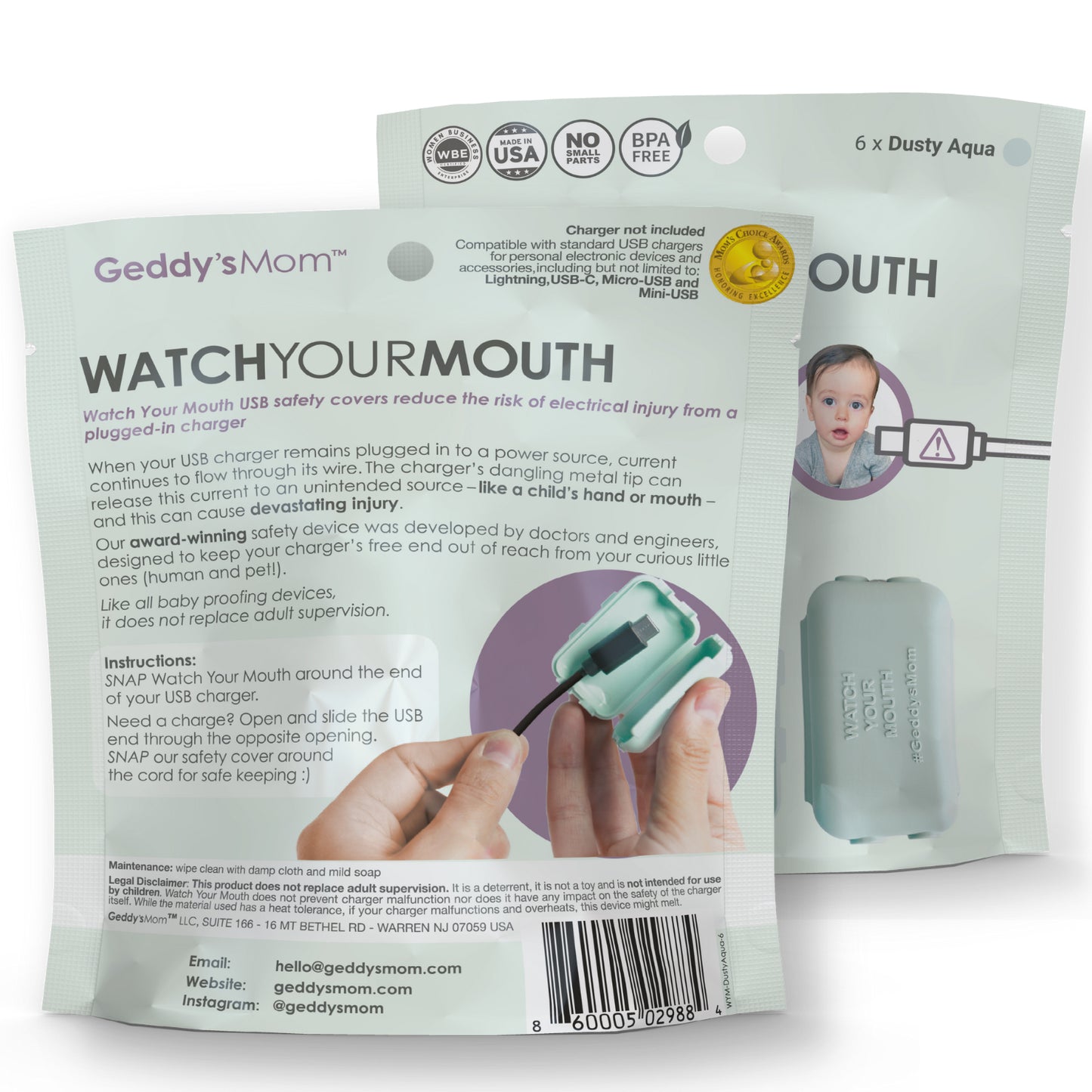 WATCH YOUR MOUTH - USB Charger Safety Cover (Dusty Aqua 6-PACK)